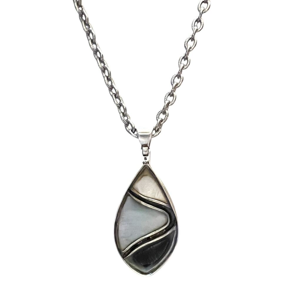 Sterling Silver 925 Necklace Onyx Mother Of Pearl Abalone Inlay Pendant Teardrop - Picture 3 of 11
